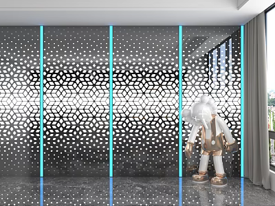 Modern Wall Paneling Interior With Hexagonal Perforated Pattern LED Lighting And Decorative Sculpture 3d model