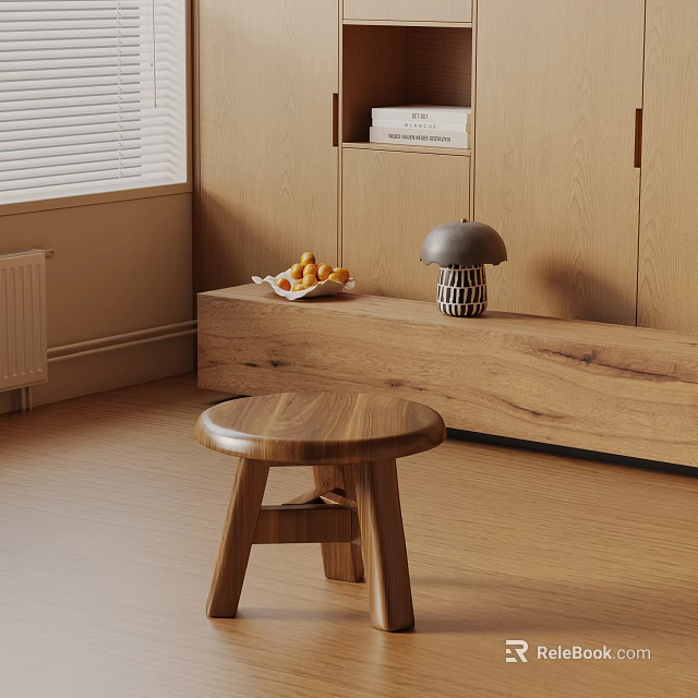 Modern Wooden Side Table In Interior With Fruit Tray Mushroom Lamp And Cabinet 3d model 