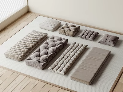 Different Shaped Soft Padded Cushions In Neutral Tones On Wooden Floor Mat 3d model