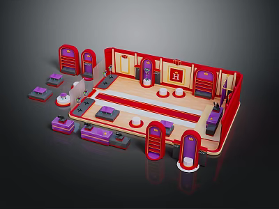 Cartoon Scene With Red Purple Structures Doorway And Platform Elements 3d model