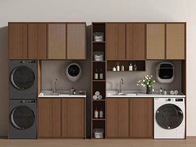 Laundry Room Design With Wooden Cabinets Rattan Doors Washing Machines And Sinks 3d model