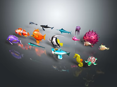 Colorful Diverse Marine Animals Including Clownfish Shark Seahorse Turtle And Jellyfish 3d model