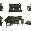 Ancient Dilapidated Wooden Houses With Thatched Roofs From Multiple Angles