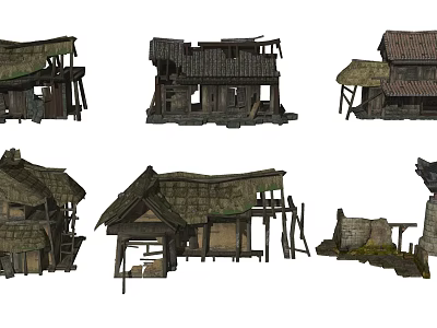 Ancient Dilapidated Wooden Houses With Thatched Roofs From Multiple Angles 3d model