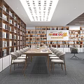Book Art Interior Design With Bookshelves Long Wooden Table Chairs And Green Plant