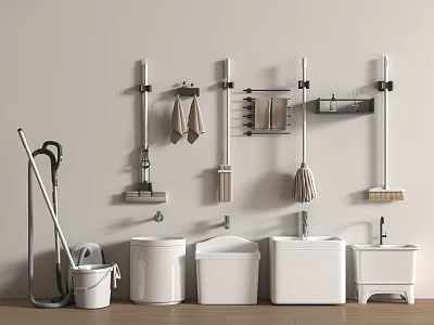 Modern Bathroom Small Accessories with White Sinks Towel Racks Mop and Trash Bin 3d model