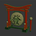 Musical Instruments and Art Tools Featuring Red Torii Golden Gong Chinese Character Fa and Mallet