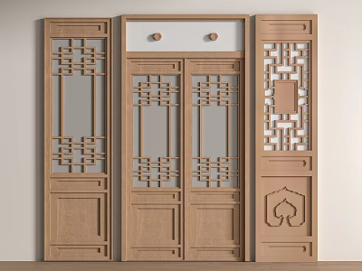 Traditional Chinese Wooden Doors Featuring Double Center Door Side Panels Lattice Carvings Light Wood 3d model