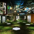 Indoor Forest Themed Space With Large Tree Wooden Stairs And Greenery Lighting