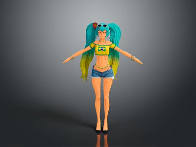 Cartoon Character Girl With Blue Green Long Hair Double Ponytails Red Bow And Denim Shorts 3d model