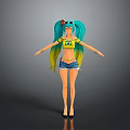 Cartoon Character Girl With Blue Green Long Hair Double Ponytails Red Bow And Denim Shorts