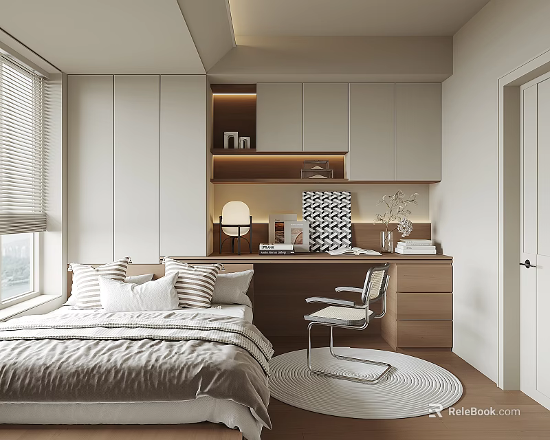 Modern Tatami Bedroom Interior Design With White Cabinets Wooden Desk And Round Rug 3d model 