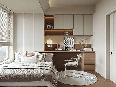 Modern Tatami Bedroom Interior Design With White Cabinets Wooden Desk And Round Rug 3d model