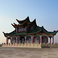 Ancient Chinese Architecture with Curved Eaves Red Green Roofs Red Pillars and Stone Railings