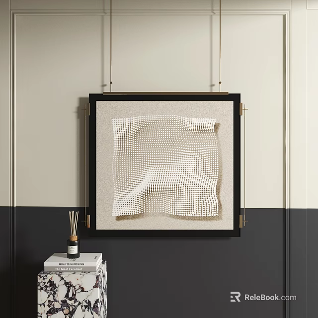 White Textured Abstract Painting In Black Frame Hanging On Wall Decor 3d model 