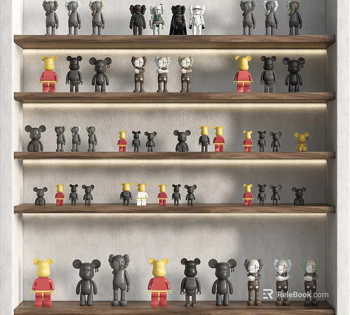Decorative Bear Figurine Set on Multi Tiered Wooden Shelves with Various Colors 3d model 