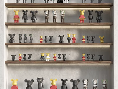 Decorative Bear Figurine Set on Multi Tiered Wooden Shelves with Various Colors 3d model