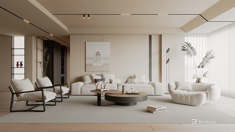 Modern Minimalist Living Room Interior With Neutral Tones Sofas Armchairs And Art 3d model 