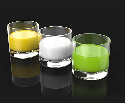 Three Glass Cups With Yellow White Green Liquids On Black Reflective Surface 3d model