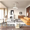 Modern Living Room Interior Design With Orange Sofa Fireplace Decorative Rug And Paintings