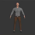 3D Male Character Standing In Gray Plaid Shirt Brown Pants Gray Shoes On Black Background