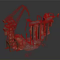 Construction Scene With Crane Rock Formation Bridge Structure Metal Frames And Debris