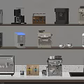 Various Coffee Machines And Makers Display On Kitchen Shelf For Home Barista