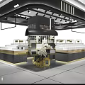 Modern Exhibition Booth Design With Black Gold Lighting And Tiered Display Shelves