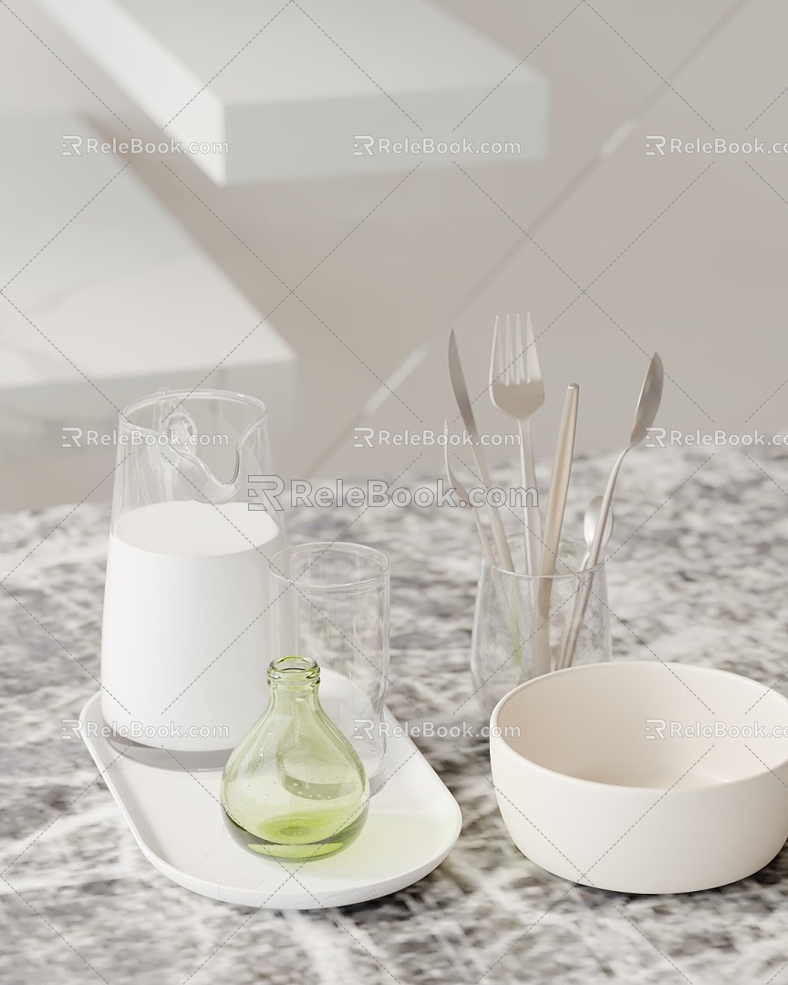 Ornaments Combination Coffee Cup Water Cup Milk Cup Bowl Knife Combination Bowl Chopsticks 3d model