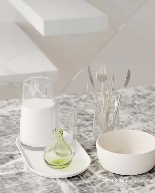 Elegant Decorative Ornament Set With Glass Cups Small Bottle Utensils White Bowl On Marble Countertop 3d model 