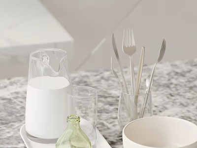 Elegant Decorative Ornament Set With Glass Cups Small Bottle Utensils White Bowl On Marble Countertop 3d model