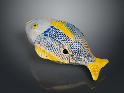 Vibrant Blue And Yellow Fish Sculpture With Detailed Scales And Smooth Surface 3d model