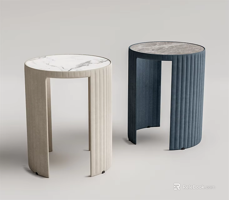 Modern Round Top Side Tables With Marble Surface And Striped Bases In Light Dark Colors 3d model 