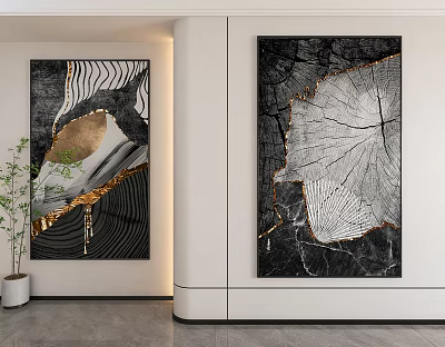Modern Abstract Wall Art with Black White Gold Accents and Green Plant 3d model