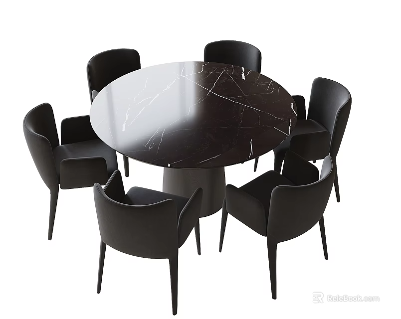 Modern Round Dining Table With Marble Top And Black Chairs Set 3d model