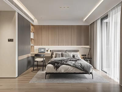 Modern Bedroom With Wooden Walls Minimalist Design Gray White Bedding Desk Chair And Large Window 3d model