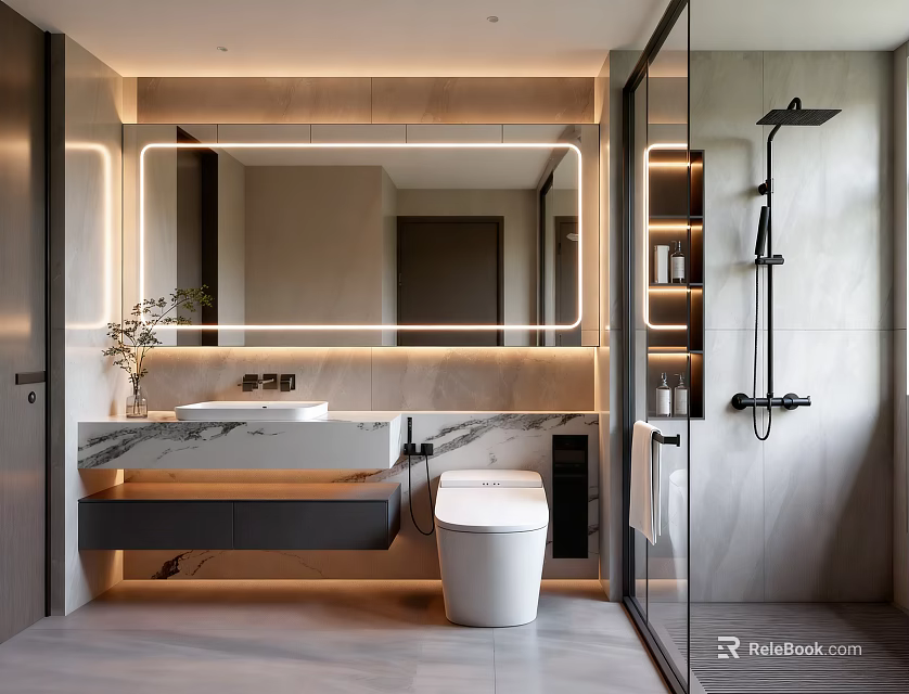 Modern Bathroom Interior Design With Marble Countertop Vanity Mirror Toilet And Shower 3d model 