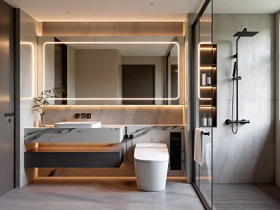 Modern Bathroom Interior Design With Marble Countertop Vanity Mirror Toilet And Shower 3d model