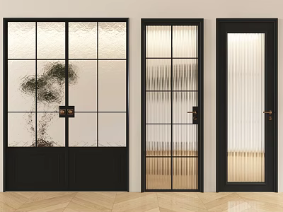 Modern Interior Doors With Black Frames Various Textured Glass Designs On Wooden Floor 3d model