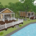 Rustic Wooden Cabin With White Railings Spacious Deck And Lush Greenery By Pool