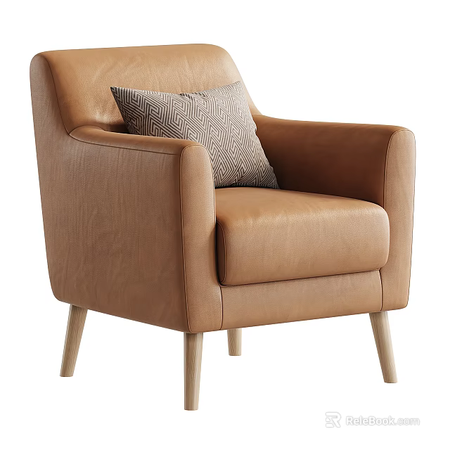 Brown Leather Single Sofa With Armrest And Light Wood Legs And Geometric Pattern Pillow 3d model 