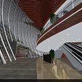 Bright Shopping Mall Lobby With Red Ceiling Curved Glass Escalator And People