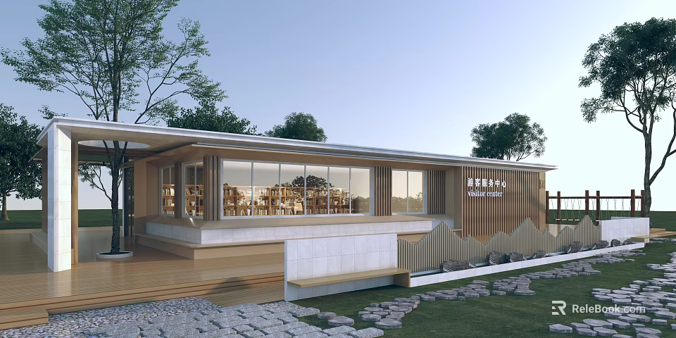 Modern Tourist Center Architectural Design With Large Windows Wooden Elements Green Lawn And Stone Pathway 3d model 