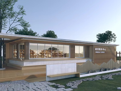 Modern Tourist Center Architectural Design With Large Windows Wooden Elements Green Lawn And Stone Pathway 3d model