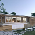 Modern Tourist Center Architectural Design With Large Windows Wooden Elements Green Lawn And Stone Pathway