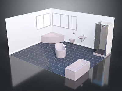 Colorful Cartoon Bathroom Scene With White Walls Blue Tiles Windows Bathtub And Shower 3d model