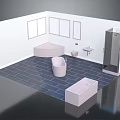 Colorful Cartoon Bathroom Scene With White Walls Blue Tiles Windows Bathtub And Shower