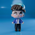 Male Doll Figure With Light Blue Cap Brown Hair And Blue Jacket On Blue Background