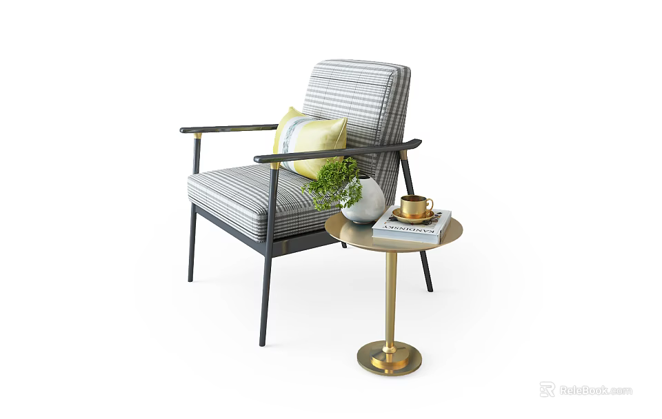 Gray Striped Leisure Chair With Black Armrests And Green Plant On Golden Legs Side Table 3d model 
