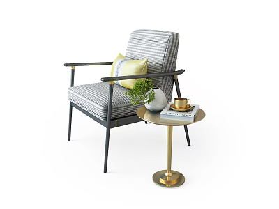 Gray Striped Leisure Chair With Black Armrests And Green Plant On Golden Legs Side Table 3d model